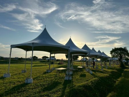 Hexagonal Cross Cable Tents Along the Riverside Lawn - Hexagonal Tents Along the Riverside Lawn
